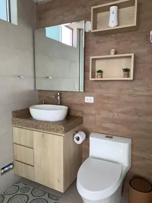 a bathroom with a white toilet and a sink at Dolphin house 915 in Punta Negra