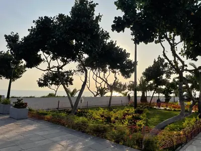 a park with trees and flowers next to the water at Departamento in Magdalena del Mar in Lima