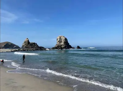 a beach with some people in the water and some rocks at Mini Dpto frente al mar playa Pta N in Punta Negra