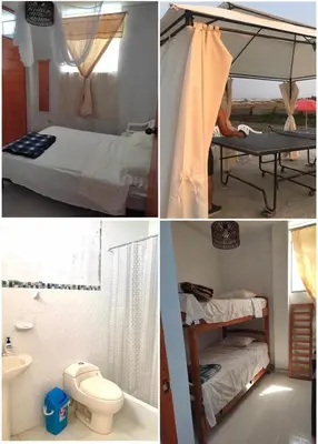 a collage of pictures of a bedroom with a bed and a toilet at Chinchacampoymar Casa de playa en Chincha in Chincha Baja