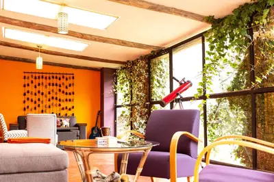 a living room with purple chairs and a table at Casa de La Chola in Ollantaytambo