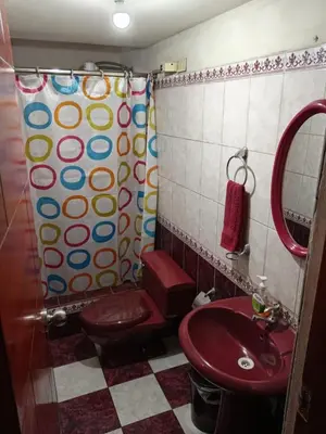 a bathroom with a red sink and a toilet at Casa Halcones Huachipa Familia & Eventos in Lima