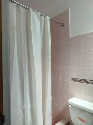 a bathroom with a shower curtain and a toilet at Apartamento entero en Ayacucho in Ayacucho