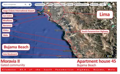 a map of the south perimeter of the south parameter network at Casa de playa Bujama, Mala, Asia, Lima, Moravia II in Bujama Baja