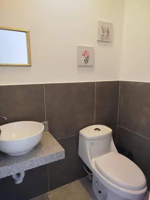 a bathroom with a white toilet and a sink at Excellent view of Mar San Bartolo in San Bartolo