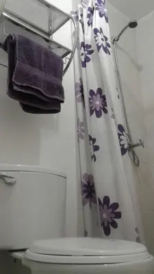a bathroom with a shower curtain with purple flowers at 10p dpto in Lima