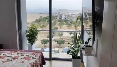 a bedroom with a large window with potted plants at Apartment Rosi Beach & Pool Punta Hermosa in Punta Hermosa