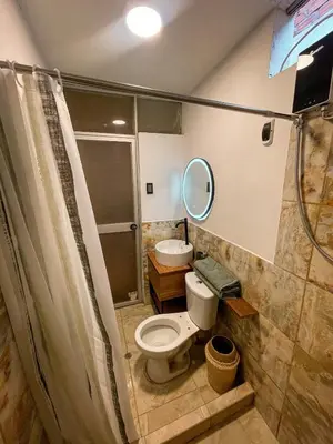 a bathroom with a toilet and a shower at House Sacha 1BR Great View Huanuco in Huánuco