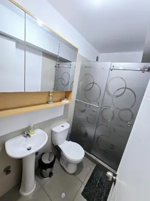 a bathroom with a toilet and a shower and a sink at Depa moderno - Aeropuerto, San Marcos, Católica in Lima