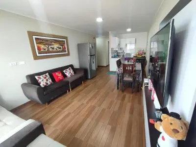 a living room with a couch and a table at Depa moderno - Aeropuerto, San Marcos, Católica in Lima
