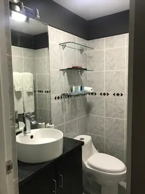 a bathroom with a white sink and a toilet at Cozy Condo in Miraflores in Lima