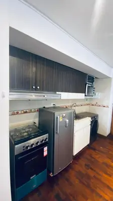 a kitchen with a stove and a sink in it at Lindo departamento en Miraflores Parque Kennedy in Lima