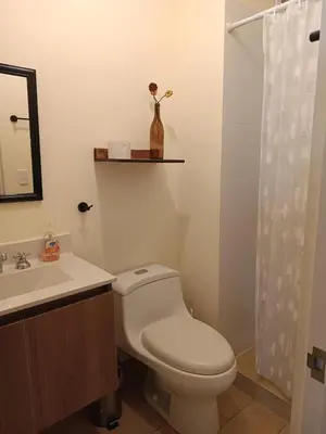 a bathroom with a toilet and a sink and a shower at Acogedor y cómodo departamento de 2 Habitaciones en Magdalena in Lima
