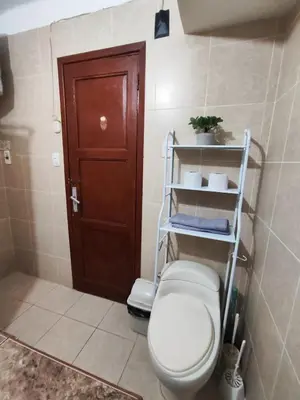 a bathroom with a toilet and a wooden door at Céntrica y amplia habitación queen Av Larco in Lima