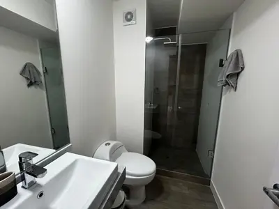 a bathroom with a shower and a toilet and a sink at Brand new apartment in Miraflores in Lima