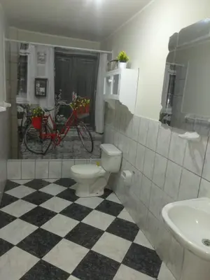 a bathroom with a toilet and a sink and a bicycle at New Apartment furnished in Lima - Near the Airport in Lima