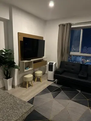 a living room with a black couch and a flat screen tv at Loft Ale Piso 22 in Lima