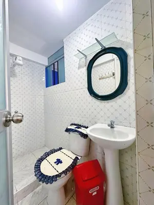 a bathroom with a sink and a toilet and a mirror at Departamento con baño privado in Ayacucho