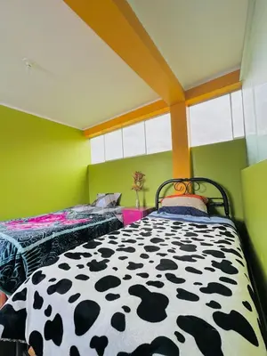 a bedroom with a black and white cow print bed at Departamento con baño privado in Ayacucho