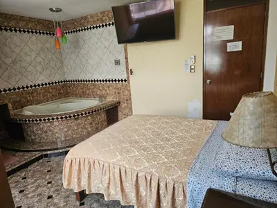 a bedroom with a tub and a bed and a television at Hotel Atenas in Lima