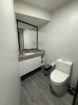 a bathroom with a white toilet and a mirror at Rest, comfort and privacy in San Isidro in Lima