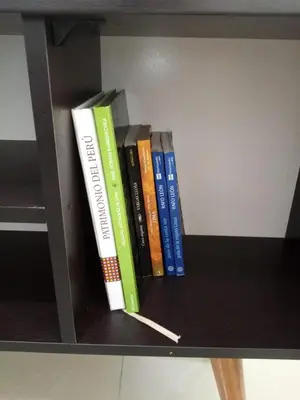 a group of books sitting on a shelf at Departamento en Centro de Lima - Santa Beatriz in Lima