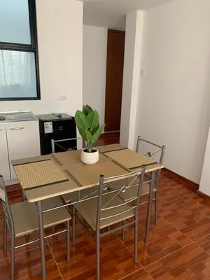 a dining room table with chairs and a potted plant at Minidepartamentos Amoblado I en Estreno in Ica
