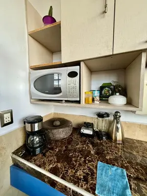 a kitchen with a counter top with a microwave at Rustic House in the Heart of Cusco in Cusco