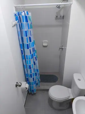 a bathroom with a toilet and a blue shower curtain at Come and have fun with the family in San Bartolo