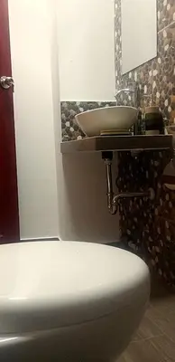 a bathroom with a white toilet and a sink at Casa linda de Chontay junto al rio in Chontay