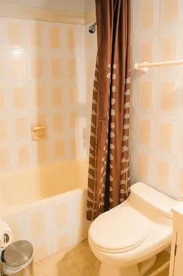 a bathroom with a toilet and a bath tub at Bello departamento en el corazón de Miraflores in Lima