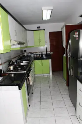 a kitchen with green cabinets and a black refrigerator at Great Location near to everything! in Lima