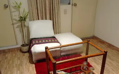 a chair sitting in a room with a red rug at Luminoso minidepartamento independiente cerca al Estadio Nacional in Lima