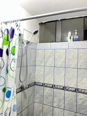 a bathroom with a shower curtain and a mirror at Departamento amplio y cómodo a 15 minutos del aeropuerto in Lima