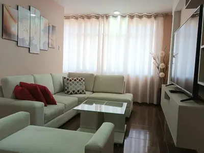 a living room with a couch and a tv at Katty's apartment - Las Malvas in Lima