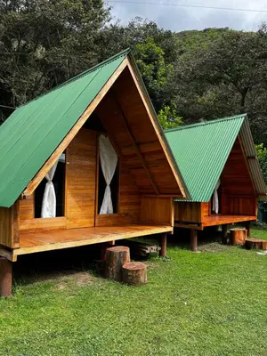 a small wooden house with a green roof at ALPHINA CABINS Qhapaq Ñan in Sahuayacu