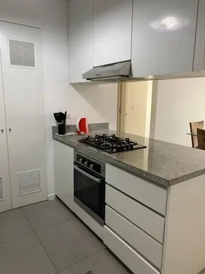 a kitchen with a stove and a counter top at Departamento céntrico rodeado de áreas verdes in Lima