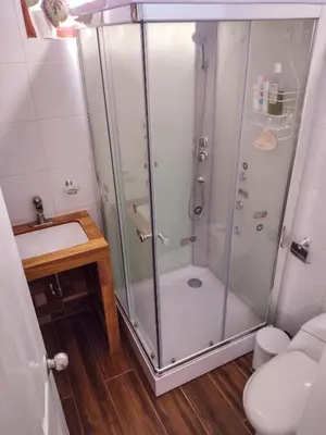 a shower in a bathroom with a toilet and a sink at Sweet Home Oxapampa in Oxapampa
