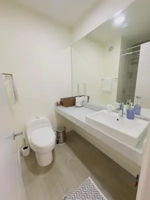 a bathroom with a toilet and a sink and a mirror at APPARTEMENT CHIC MIRAFLORES Paradis in Lima