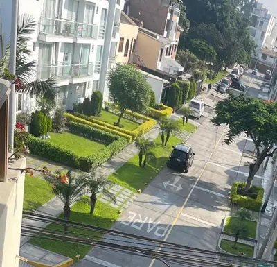 a car driving down a street with palm trees at Quiet room in Lima