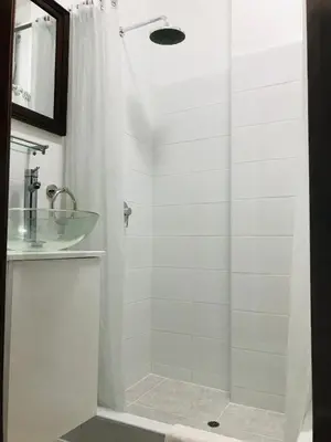 a bathroom with a shower and a sink at Larq'a Park Rooms in Lima