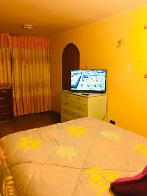 a bedroom with a bed and a flat screen tv at Casa Hilda in Huancayo