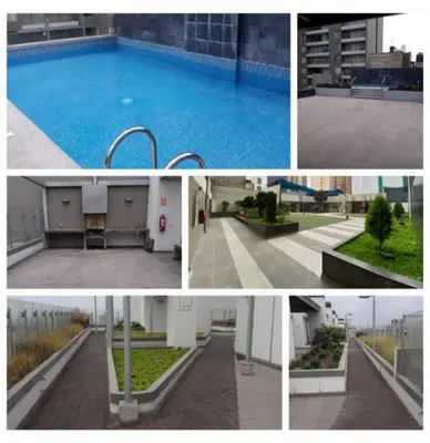 a collage of four pictures of a swimming pool at Edificio City in Lima