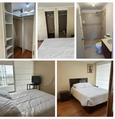 four pictures of a room with two beds and a bathroom at Edificio City in Lima