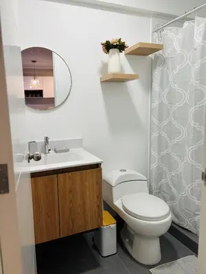 a bathroom with a toilet and a sink and a mirror at Modern and centrally located with a rooftop in Lima