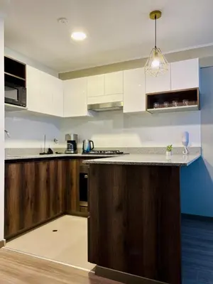 a kitchen with white cabinets and a counter top at Modern and centrally located with a rooftop in Lima