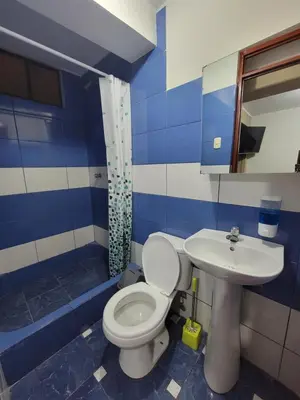 a blue and white bathroom with a toilet and a sink at LUJO HOGAR - Cerca a Plaza Norte - UNI - Aeropuerto in Lima