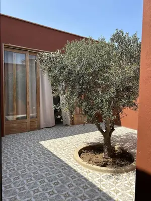 a tree in a courtyard next to a building at Casa de Campo con Piscina, BBQ y Naturaleza Cañete in Imperial