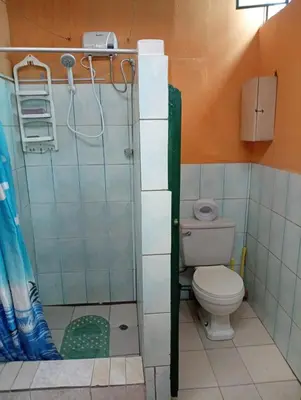 a small bathroom with a toilet and a shower at Habitación Plaza Chosica in Chosica
