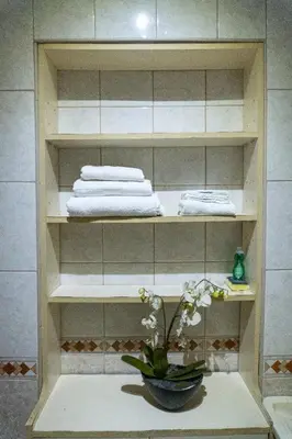 a shelf with towels and a vase with a plant at Casa en el Medio de todo Estacion tren Angamos in Lima